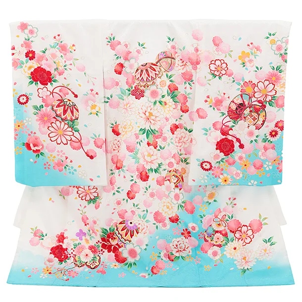 【正絹 】女児産着 お宮参り 0154 白地裾水色 鞠 刺繍 牡丹 桜
