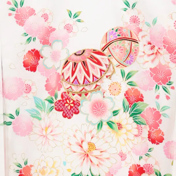 【正絹 】女児産着 お宮参り 0154 白地裾水色 鞠 刺繍 牡丹 桜