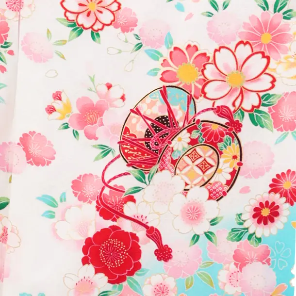 【正絹 】女児産着 お宮参り 0154 白地裾水色 鞠 刺繍 牡丹 桜