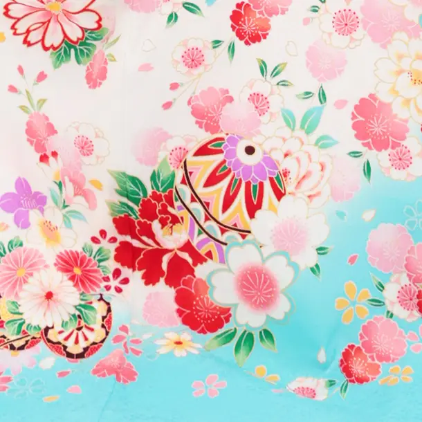 【正絹 】女児産着 お宮参り 0154 白地裾水色 鞠 刺繍 牡丹 桜
