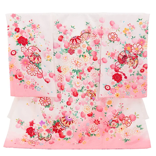 【正絹 】女児産着 お宮参り 0155 白地裾ピンク 鞠 刺繍 牡丹 桜