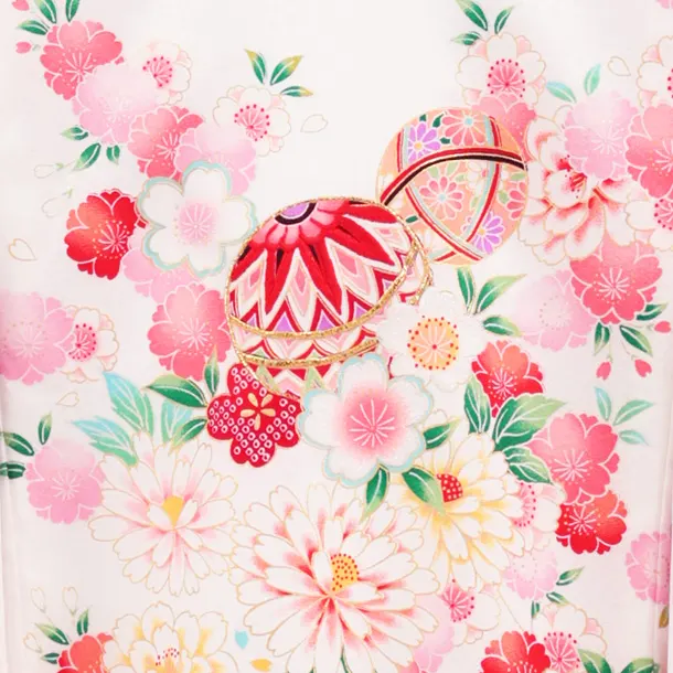 【正絹 】女児産着 お宮参り 0155 白地裾ピンク 鞠 刺繍 牡丹 桜