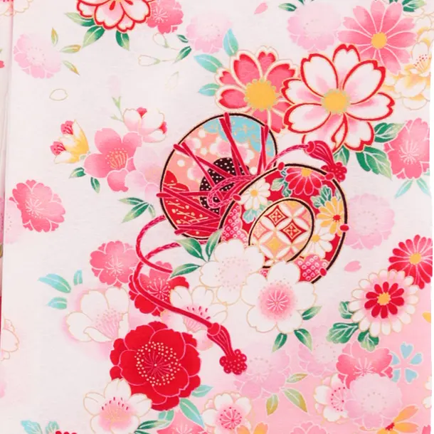 【正絹 】女児産着 お宮参り 0155 白地裾ピンク 鞠 刺繍 牡丹 桜