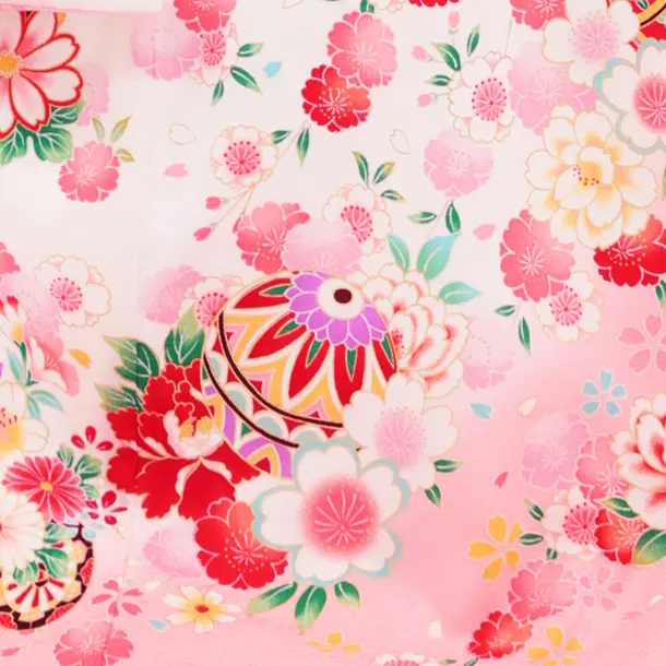 【正絹 】女児産着 お宮参り 0155 白地裾ピンク 鞠 刺繍 牡丹 桜