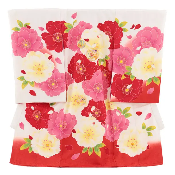 【正絹 】女児産着 お宮参り 0156 白地裾赤　鞠 金彩　八重桜