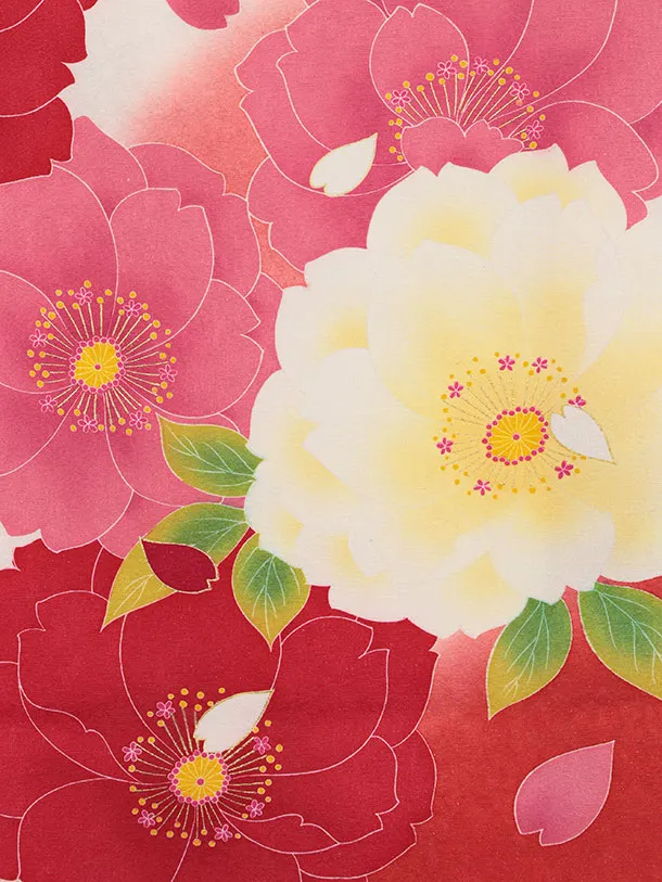 【正絹 】女児産着 お宮参り 0156 白地裾赤　鞠 金彩　八重桜