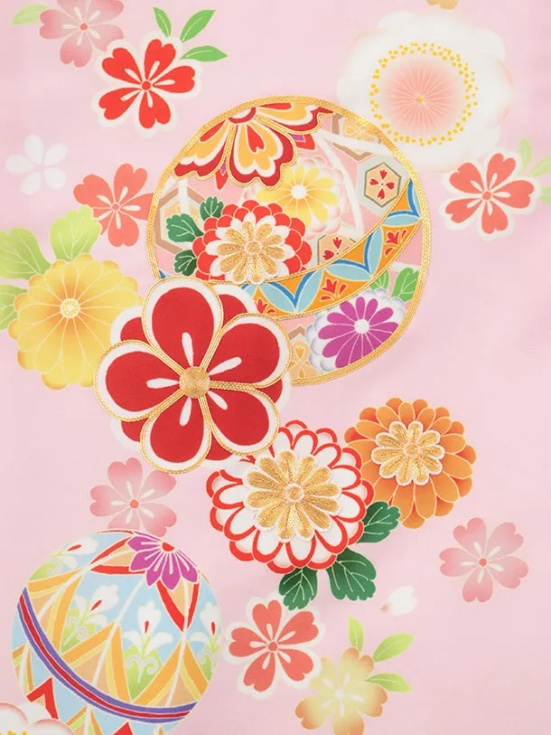 女児産着 お宮参り 0158　ピンク地 鞠と梅 桜