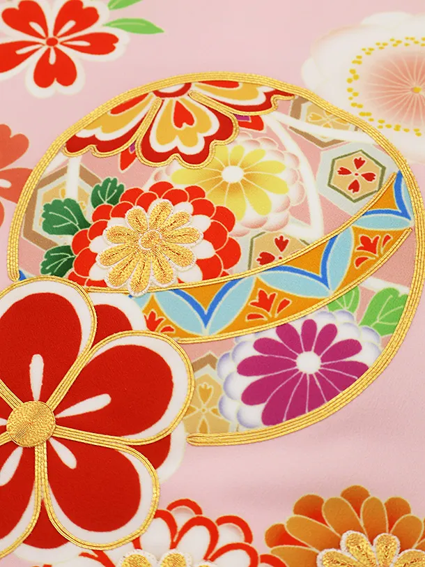 女児産着 お宮参り 0158　ピンク地 鞠と梅 桜