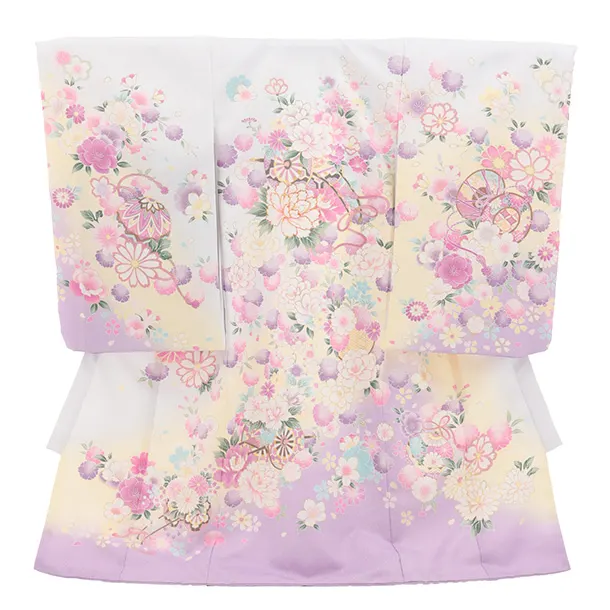 女児産着 お宮参り 0159　ライトブルーグレー裾紫 花車 牡丹と桜