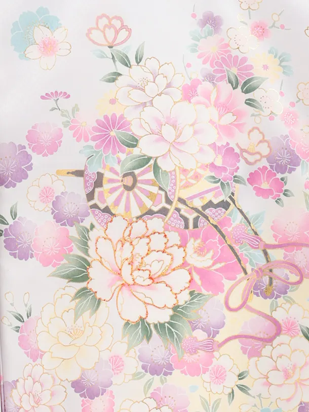 女児産着 お宮参り 0159　ライトブルーグレー裾紫 花車 牡丹と桜