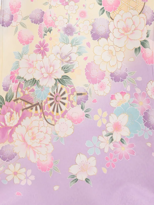 女児産着 お宮参り 0159　ライトブルーグレー裾紫 花車 牡丹と桜