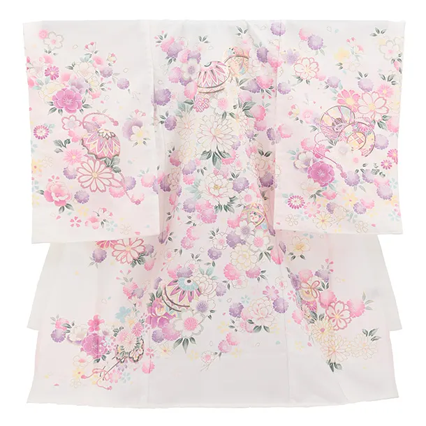 【夏用】【単衣】女児産着 お宮参り 0160 白地 鞠 金彩 祝い花