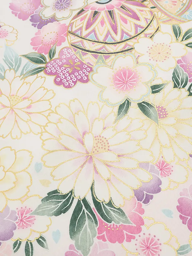 【夏用】【単衣】女児産着 お宮参り 0160 白地 鞠 金彩 祝い花