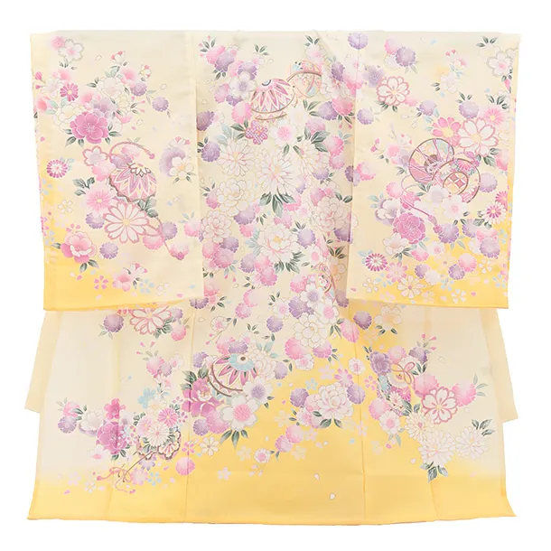 【夏用】【単衣】女児産着 お宮参り 0161 黄色 鞠 金彩 祝い花