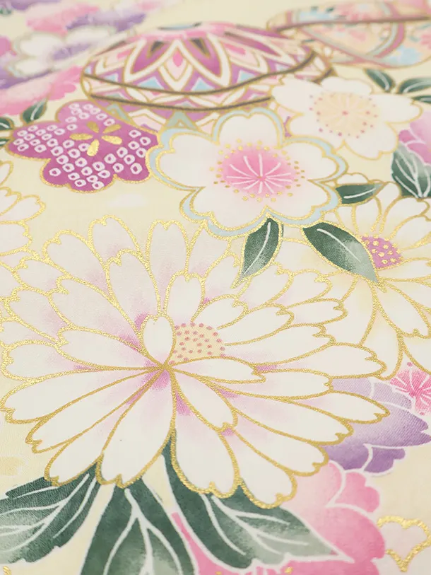 【夏用】【単衣】女児産着 お宮参り 0161 黄色 鞠 金彩 祝い花