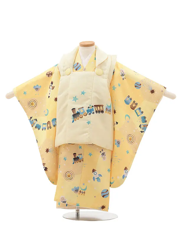 七五三(3歳男の子/被布)3282/【Pitapita】黄色 宇宙 汽車ポッポ