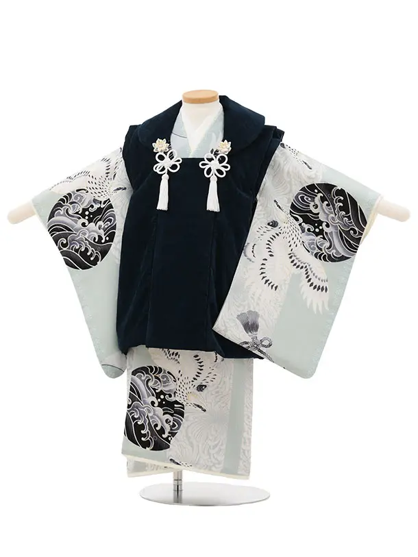 七五三(3歳被布)3289/JAPAN STYLE紺ベルベット×水色鷹菊波