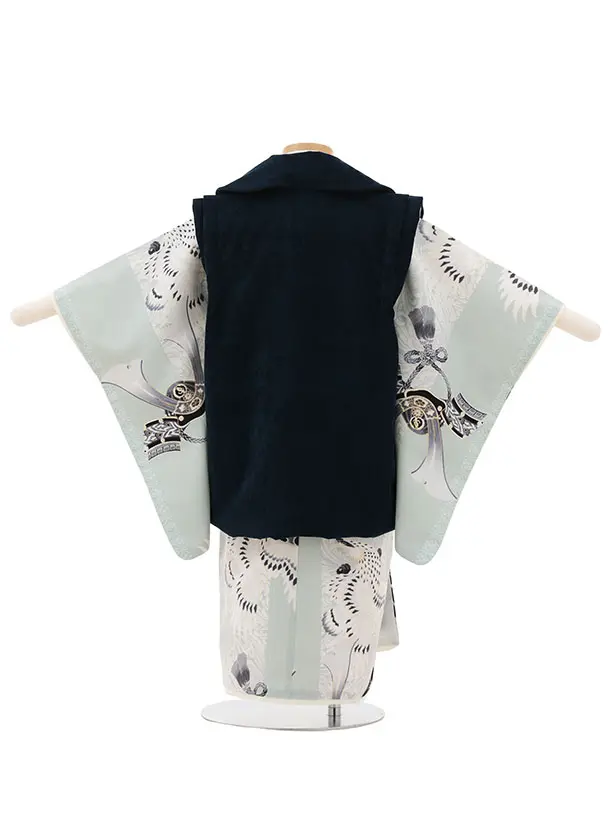 七五三(3歳被布)3289/JAPAN STYLE紺ベルベット×水色鷹菊波