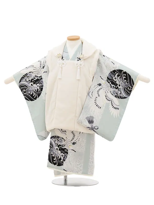 七五三(3歳被布)3290 JAPAN STYLEオフ白ベルベット×水色鷹菊波