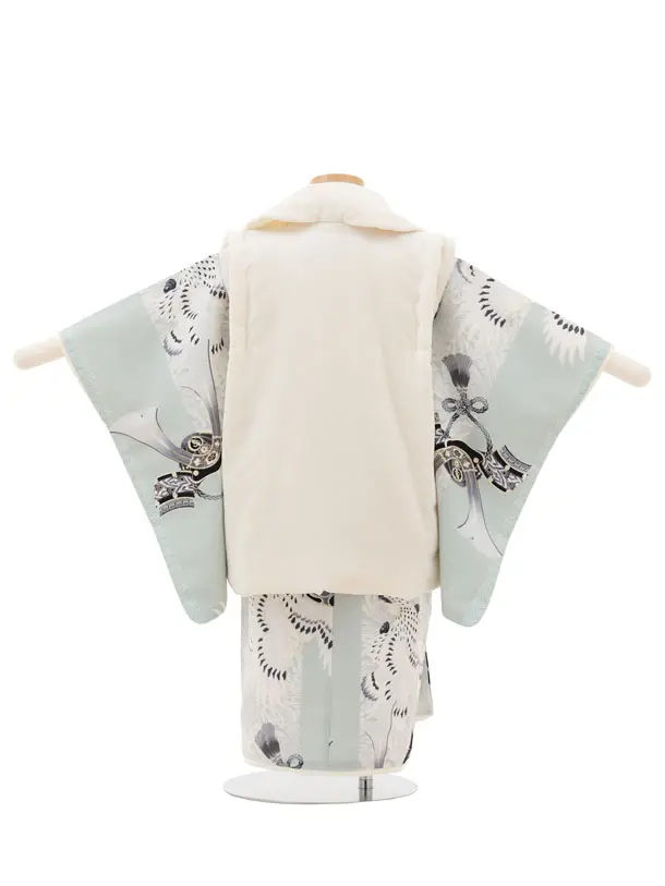 七五三(3歳被布)3290 JAPAN STYLEオフ白ベルベット×水色鷹菊波