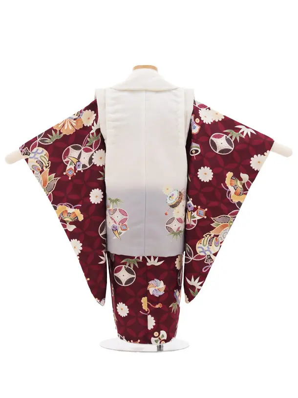 七五三(3歳被布)3293 オフホワイト 小槌×えんじ 七宝 祝柄