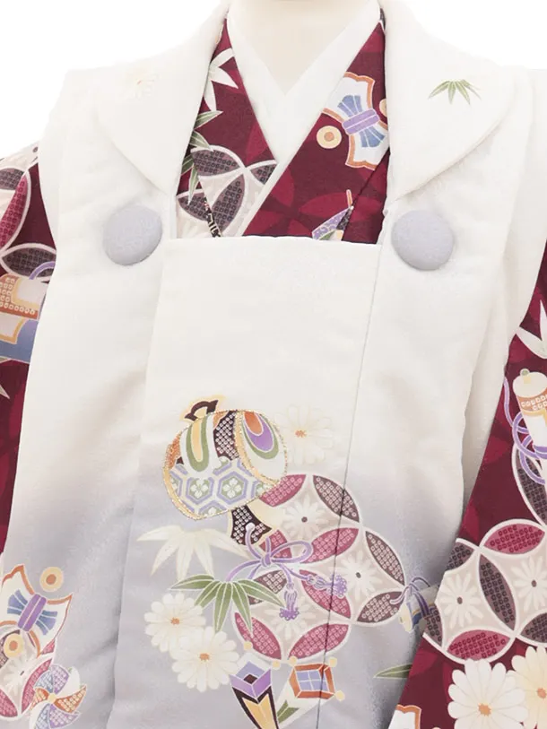 七五三(3歳被布)3293 オフホワイト 小槌×えんじ 七宝 祝柄