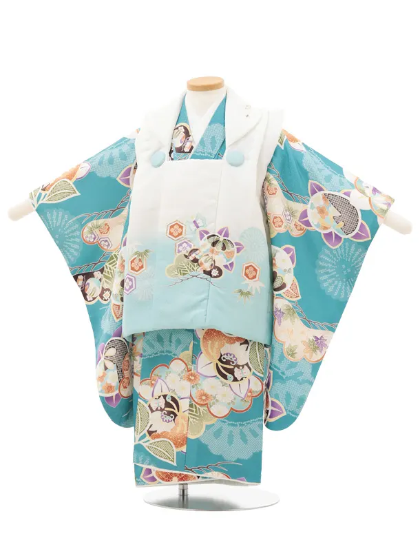 七五三(3歳被布)3296 オフ白水色ぼかし×ブルーグリーン橘