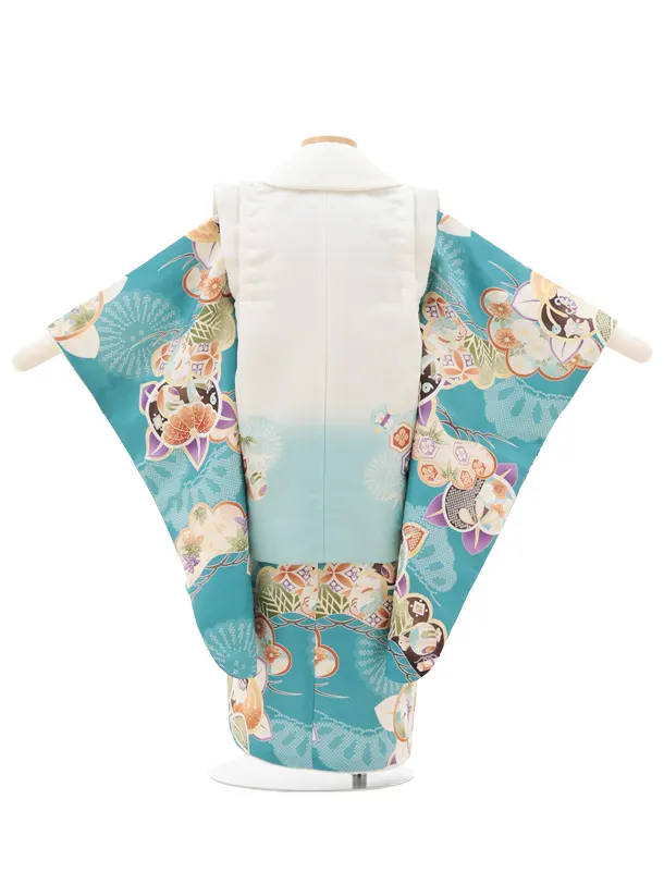 七五三(3歳被布)3296 オフ白水色ぼかし×ブルーグリーン橘