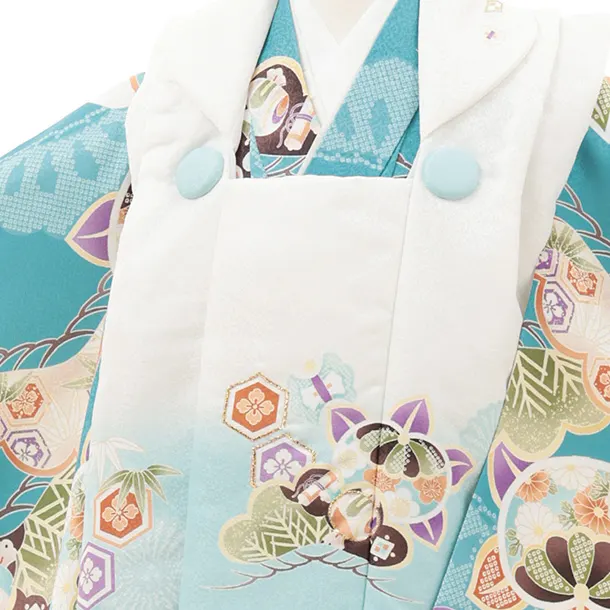 七五三(3歳被布)3296 オフ白水色ぼかし×ブルーグリーン橘