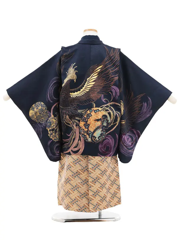 かんたん七五三(5歳男の子袴)5069  紺地 鳳凰×ゴールド袴