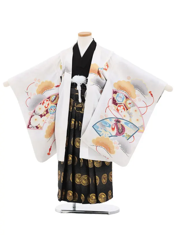 かんたん七五三(5歳男の子袴)5079 白地ぼかしｸﾘｰﾑ鷹×黒ｸﾞﾚｰ袴