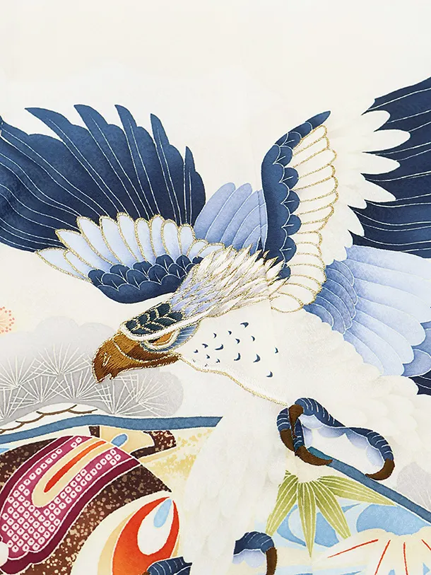 かんたん七五三(5歳男の子袴)5079 白地ぼかしｸﾘｰﾑ鷹×黒ｸﾞﾚｰ袴