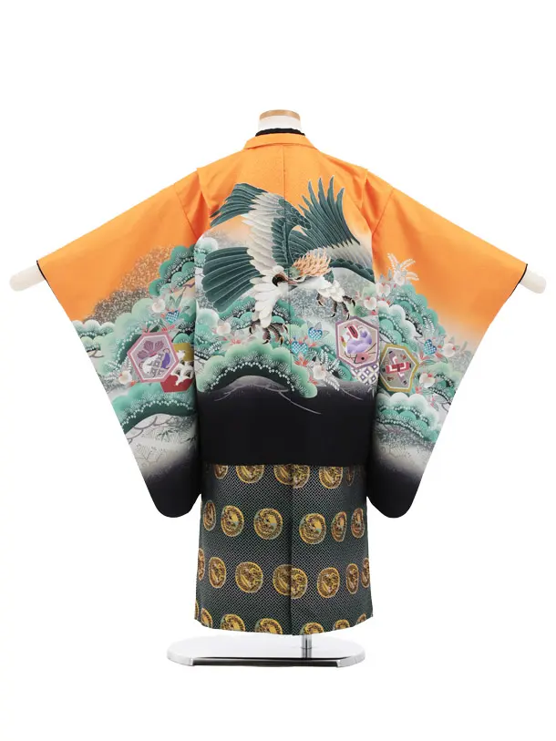 かんたん七五三(5歳男の子袴)5081 オレンジ 鷹 松×緑ぼかし袴