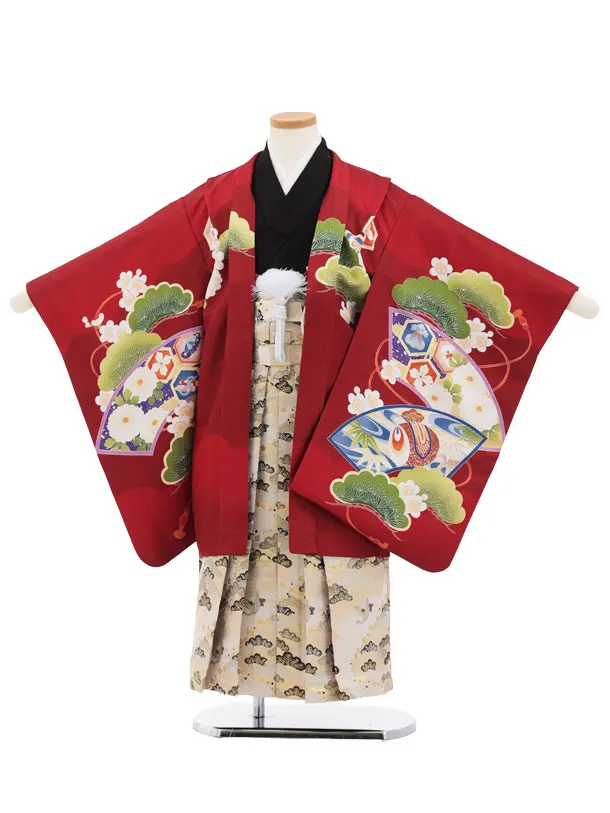 かんたん七五三(5歳男の子袴)5082 赤 鷹 松×ゴールド 鶴 松 袴