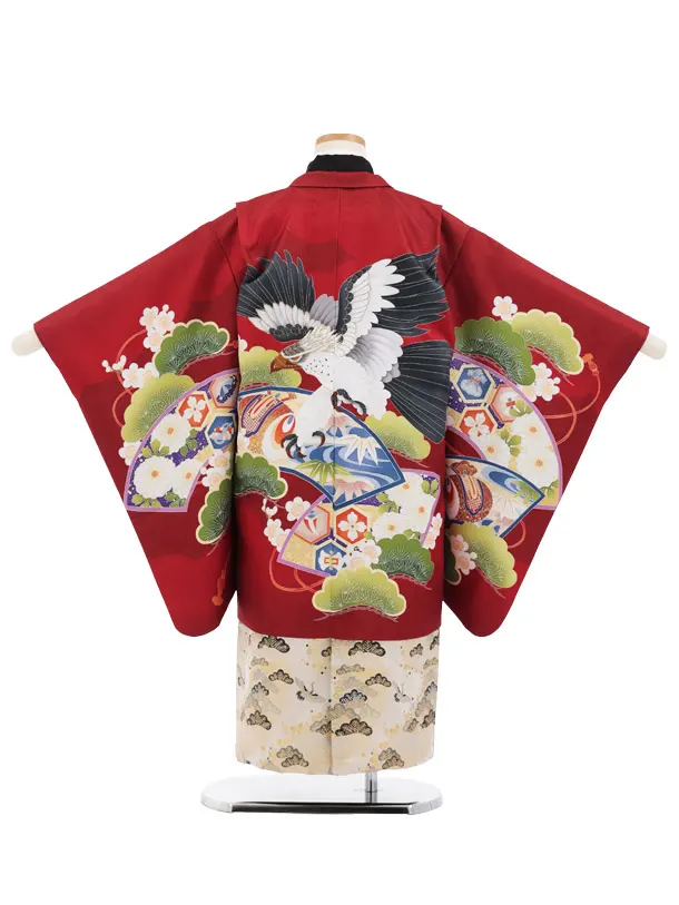 かんたん七五三(5歳男の子袴)5082 赤 鷹 松×ゴールド 鶴 松 袴