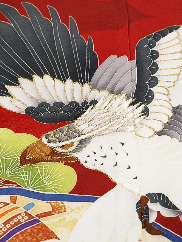 かんたん七五三(5歳男の子袴)5082 赤 鷹 松×ゴールド 鶴 松 袴