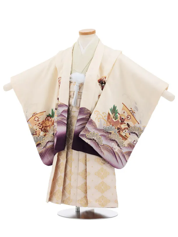 かんたん七五三(3歳男の子)6019  ｸﾘｰﾑ色 鷹 宝舟×ゴールド袴