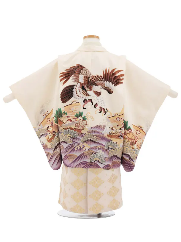 かんたん七五三(3歳男の子)6019  ｸﾘｰﾑ色 鷹 宝舟×ゴールド袴