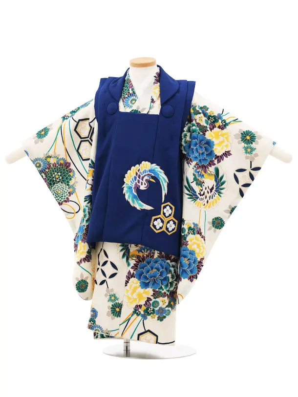 七五三(3歳男の子/被布)A33L花わらべ 紺 刺繍 鶴×クリーム 鶴