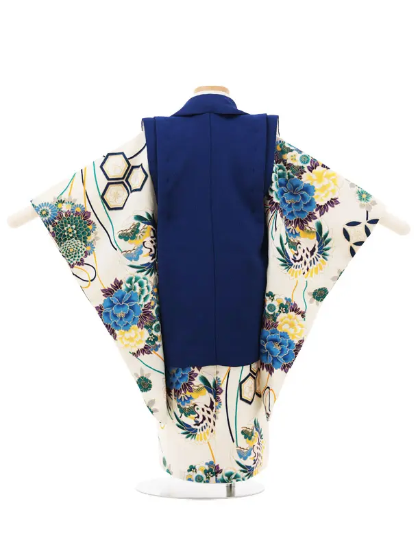 七五三(3歳男の子/被布)A33L花わらべ 紺 刺繍 鶴×クリーム 鶴