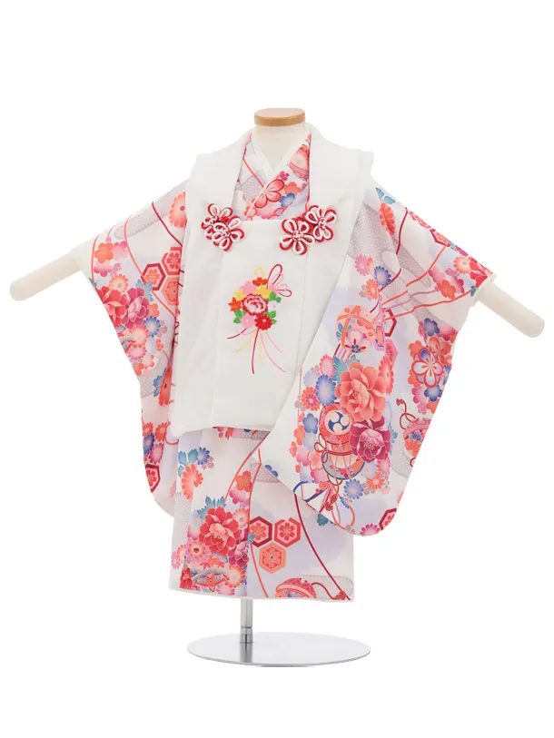 七五三(2歳女の子被布) 2001 白地 花 刺繍×白地 牡丹鈴