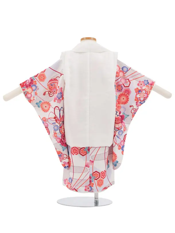 七五三(2歳女の子被布) 2001 白地 花 刺繍×白地 牡丹鈴
