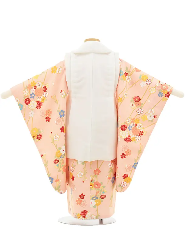 七五三(3歳女の子被布) 3203 白 刺繍 椿×ピンク 桜 椿 菊