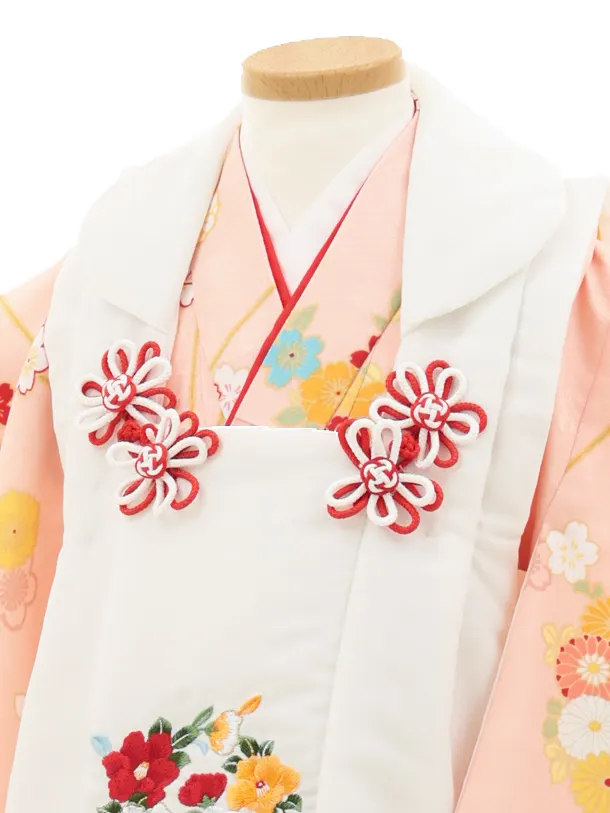 七五三(3歳女の子被布) 3203 白 刺繍 椿×ピンク 桜 椿 菊