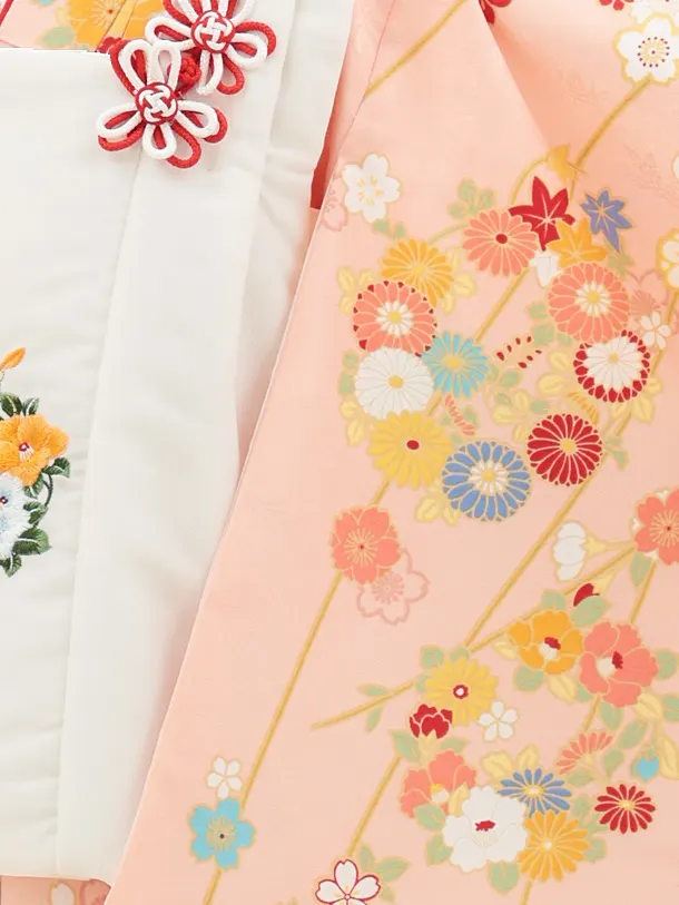 七五三(3歳女の子被布) 3203 白 刺繍 椿×ピンク 桜 椿 菊