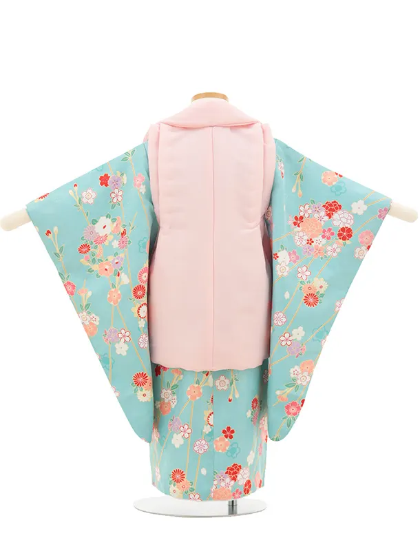 七五三(3歳女の子被布) 3205 ピンク刺繍 椿×水色 桜 椿 菊