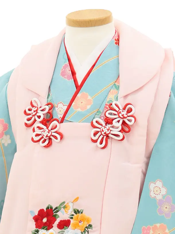 七五三(3歳女の子被布) 3205 ピンク刺繍 椿×水色 桜 椿 菊
