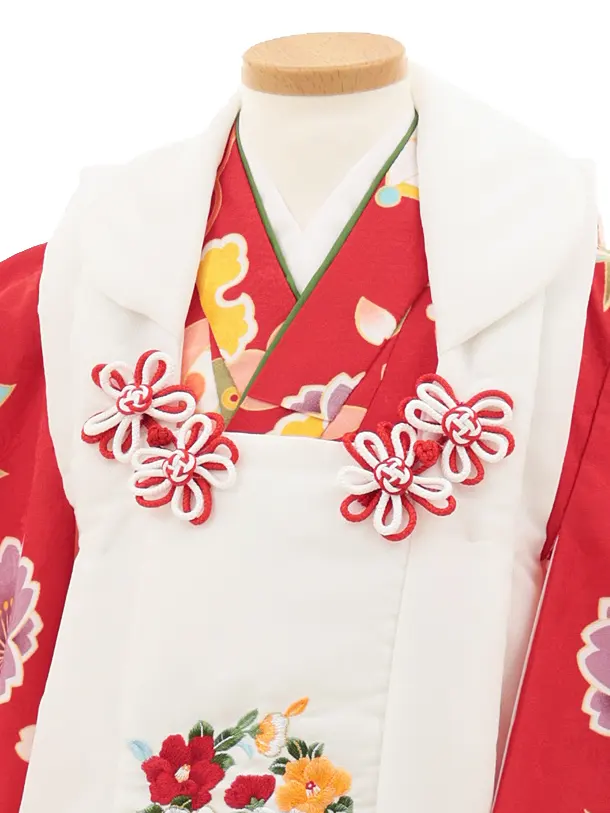 七五三(3歳女の子被布) 3206 白 刺繍 椿×赤 桜 椿 祝柄
