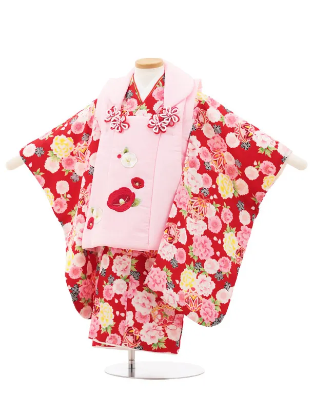 七五三(3歳女の子被布) 3217 ピンク 椿×赤地 桜 鞠 菊