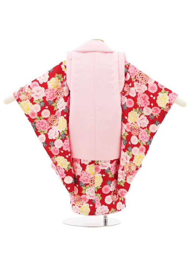 七五三(3歳女の子被布) 3217 ピンク 椿×赤地 桜 鞠 菊